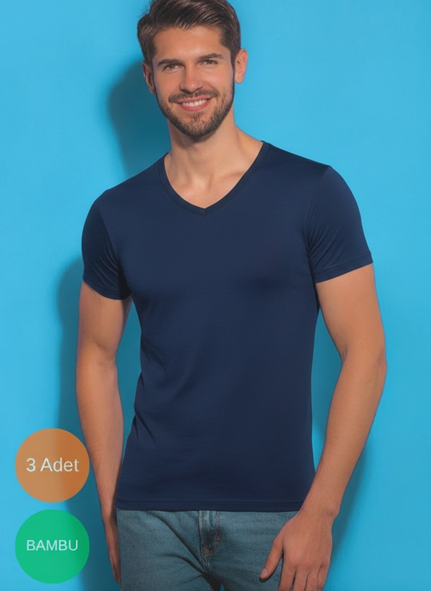 3'Lü Erkek Bambu Kısakol V Yaka T-Shirt
