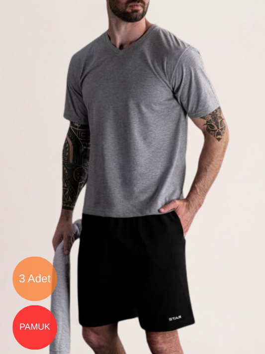 3'Lü Erkek Saf Pamuk V Yaka Kısakol T-Shirt