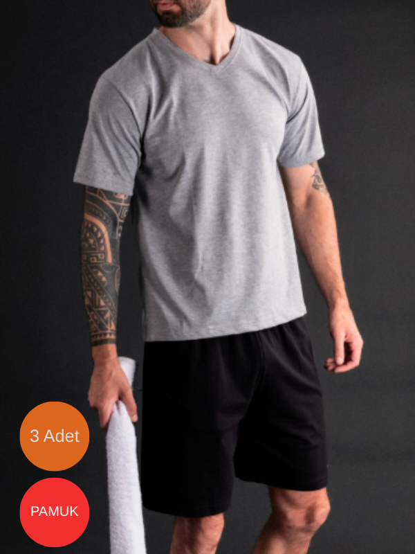 3'Lü Erkek Saf Pamuk V Yaka Kısakol T-Shirt