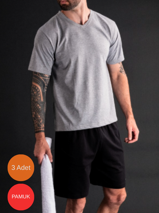 3'Lü Erkek Saf Pamuk V Yaka Kısakol T-Shirt