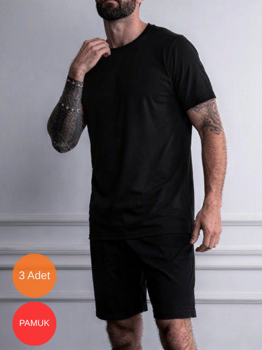 3'Lü Saf Pamuk Sıfır Yaka T-Shirt