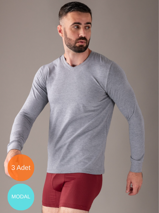 3'Lü Modal Uzunkol V Yaka T-Shirt