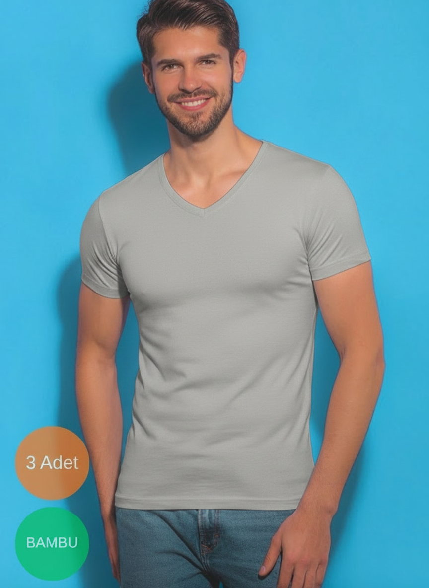 3'Lü Erkek Bambu Kısakol V Yaka T-Shirt