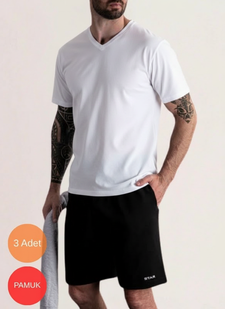 3'Lü Erkek Saf Pamuk V Yaka Kısakol T-Shirt